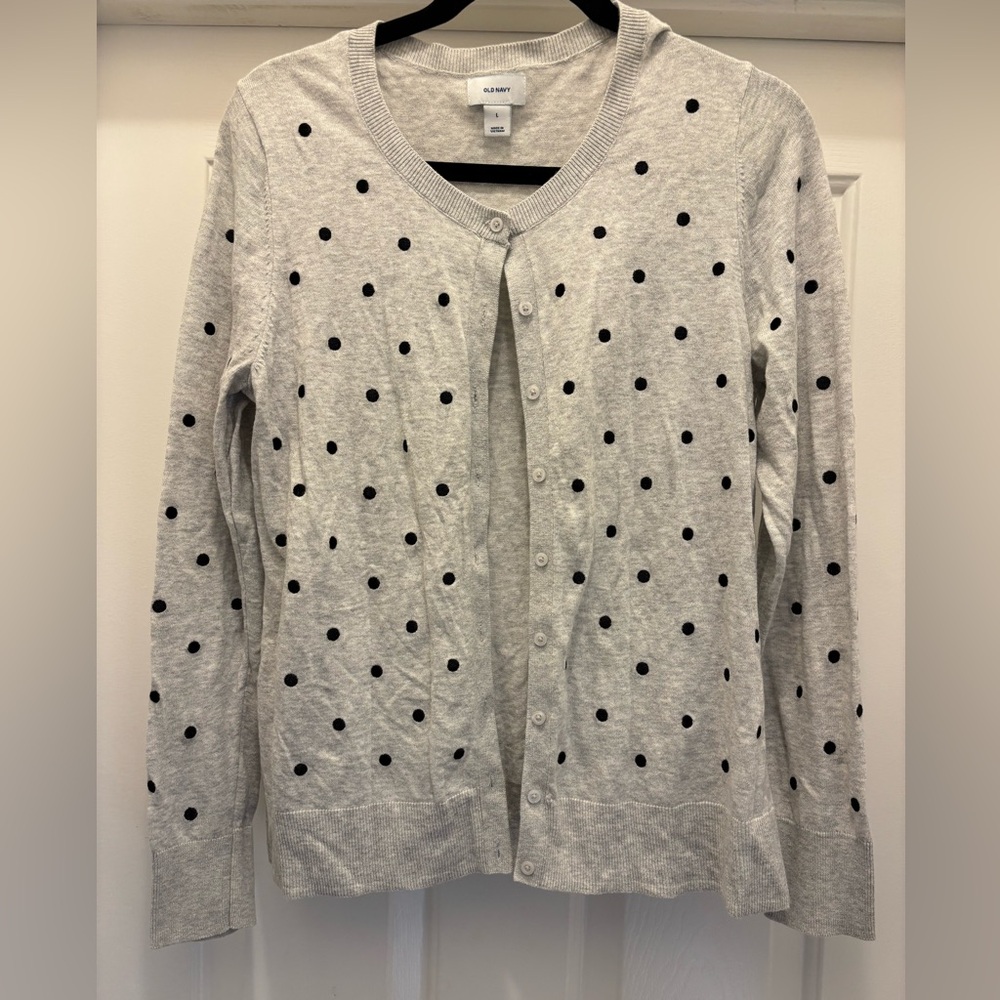 Old Navy | Gray Long Sleeve Cardigan Top with Black Polka Dots